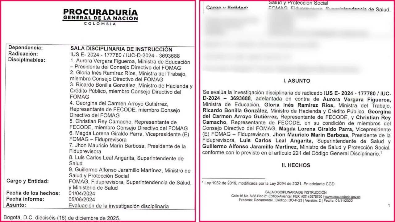 El documento con el que la Procuraduría llamó a juicio disciplinario al ministro de Salud, en la hoja son visibles los involucrados en la investigación.